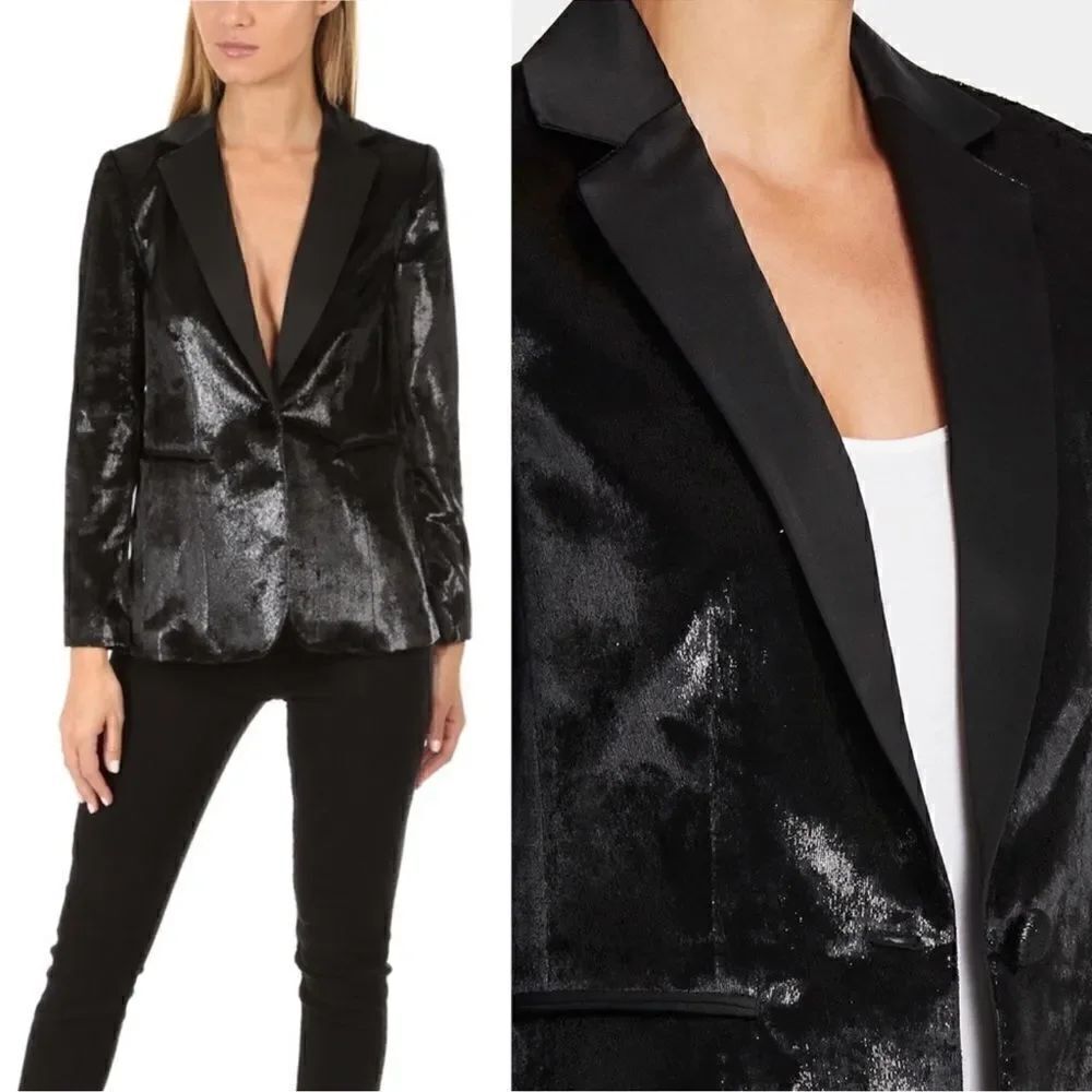FRAME Black Metallic Velvet Satin Single Blazer Jacket Size 2